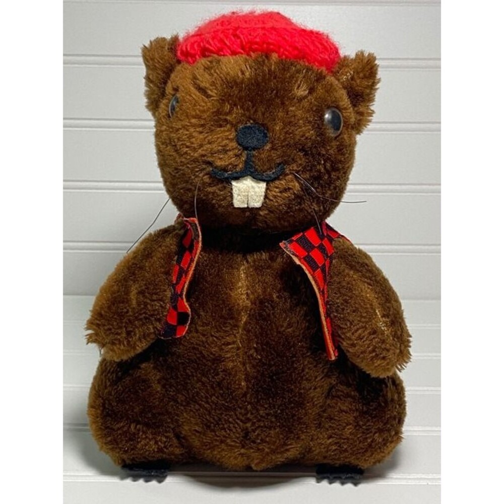 Vintage R. Dakin Plush 1975 10" Brown Beaver Stuffed Toy Red/Black Hat Vest